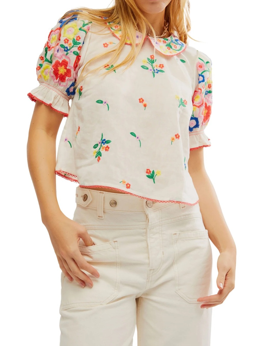 Embroidered White Floral Puff-Sleeve Crop Top